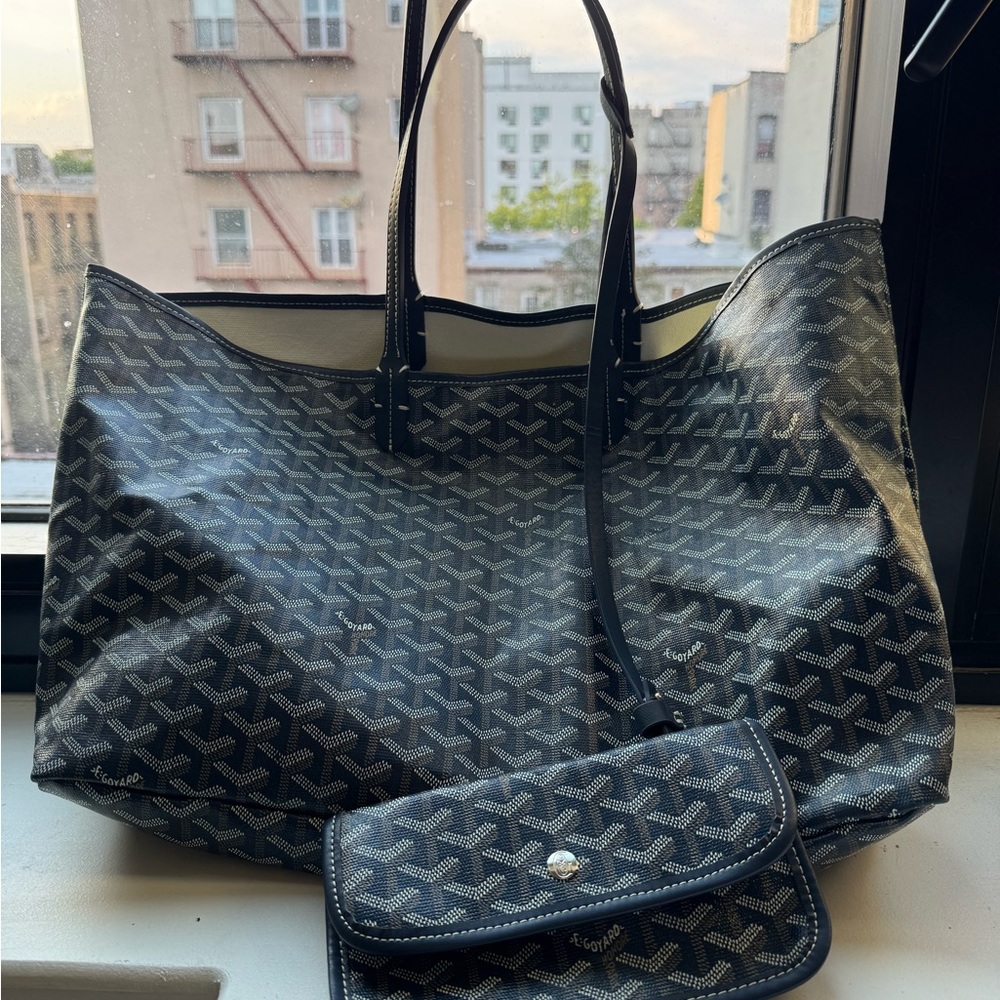 Navy Goyard Paris Patterned Tote Bag with Matching Pouch